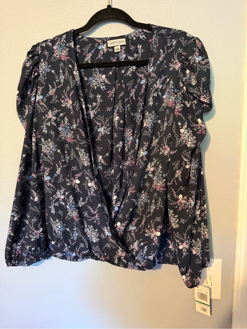 Sam & Jess Black Floral Wrap-Style Blouse